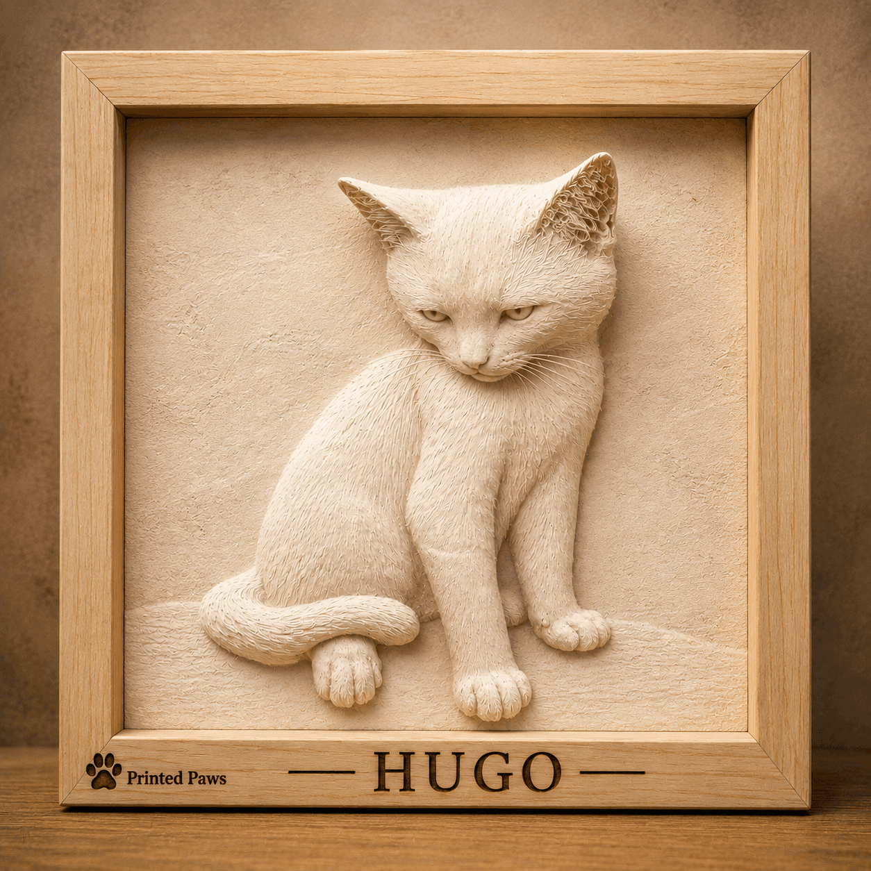 Personalisiertes Katzenrelief in einem gravierten Holzrahmen
