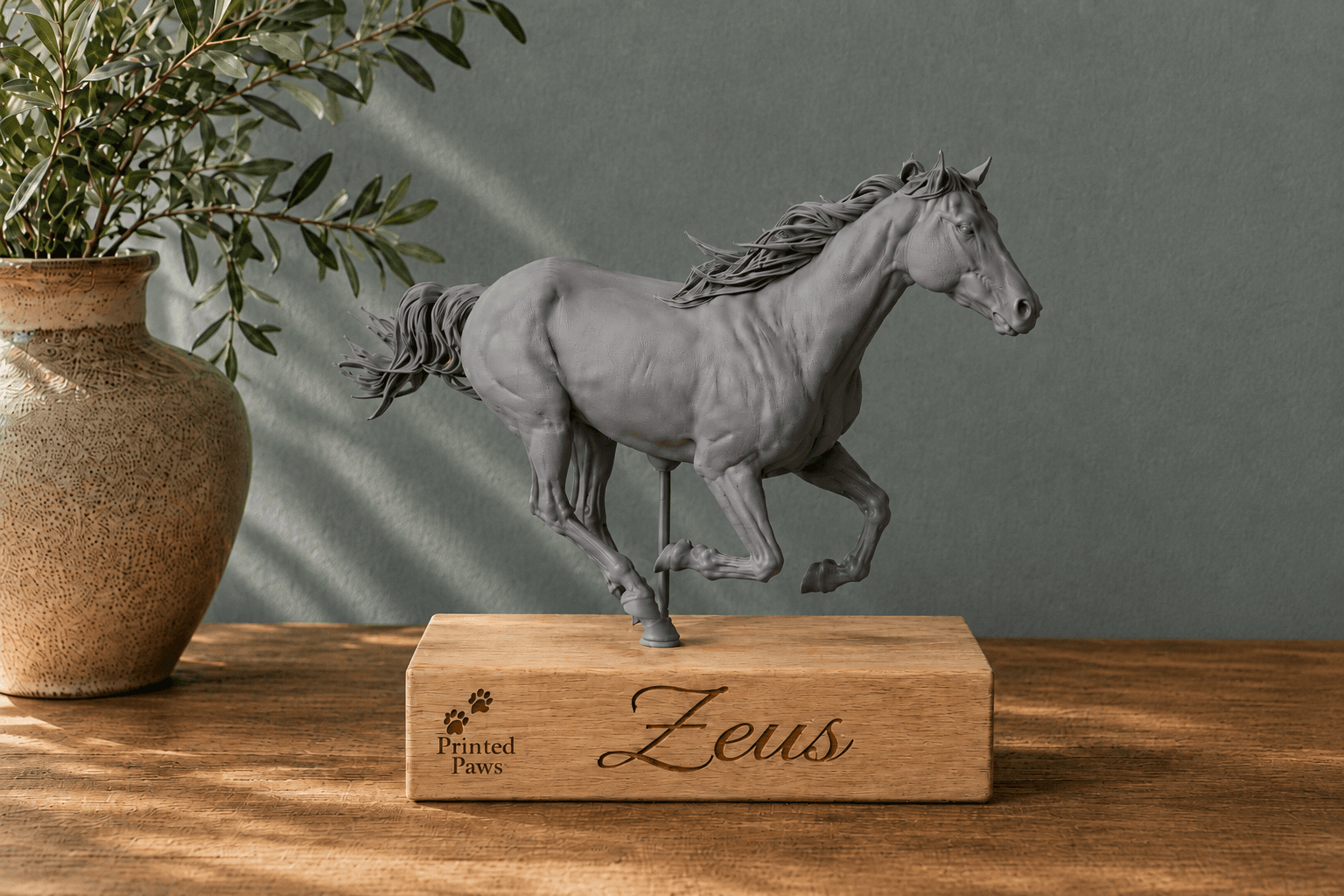 Personalisierte Tierfigur auf graviertem Holzsockel